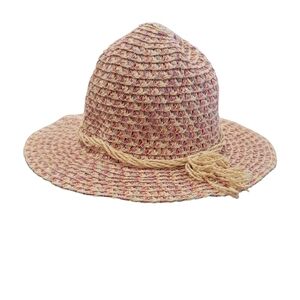 Size 10+ Tan Speckle Ribbon Wide Brim Floppy Sun Straw Hat